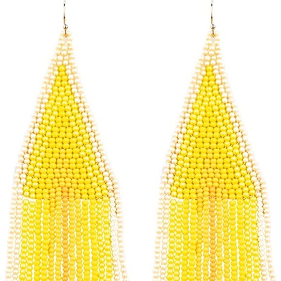 Long 5.5" Yellow Striped Earrings Handmade Oversized Beaded Bohemian Seed Beads - Picture 3 of 6